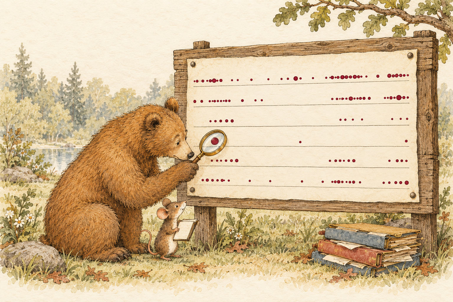 Original ink-and-watercolor illustration: a thoughtful bear and a field mouse with a notebook look at six rows of crimson event dots on a woodland noticeboard. A magnifying glass highlights one larger dot. A small stack of folders sits below.